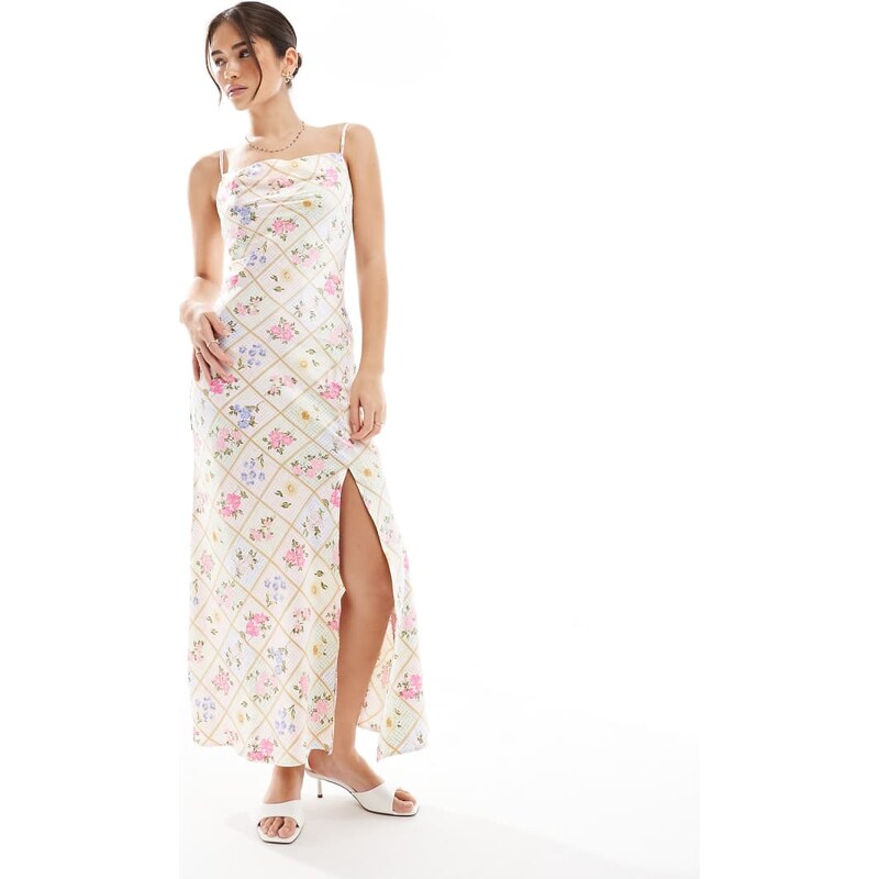 New Look floral tile print satin slip dress in pink