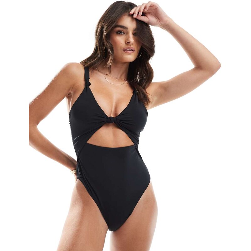 Accessorize Accesorize knit detail cut out swimsuit in black 106711090