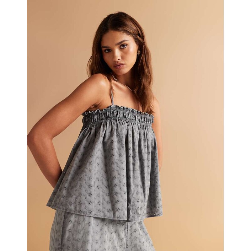 ASOS DESIGN shirred broderie cami top co-ord in washed grey