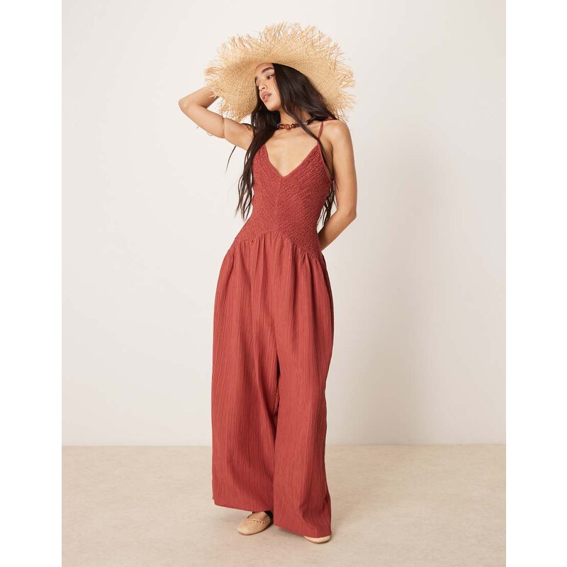 ASOS DESIGN V neck poly crinkle dropped waist jumpsuit in rust