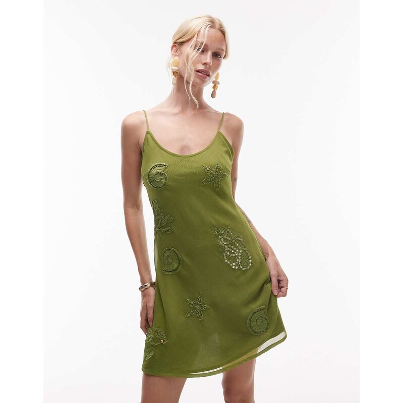 Topshop scoop neck mini shell embellished dress in khaki-Green
