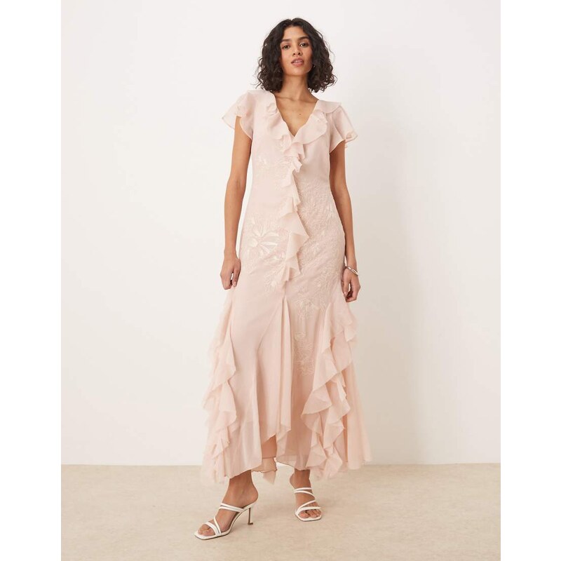 ASOS DESIGN angel sleeve ruffle embroidered maxi dress in dusky