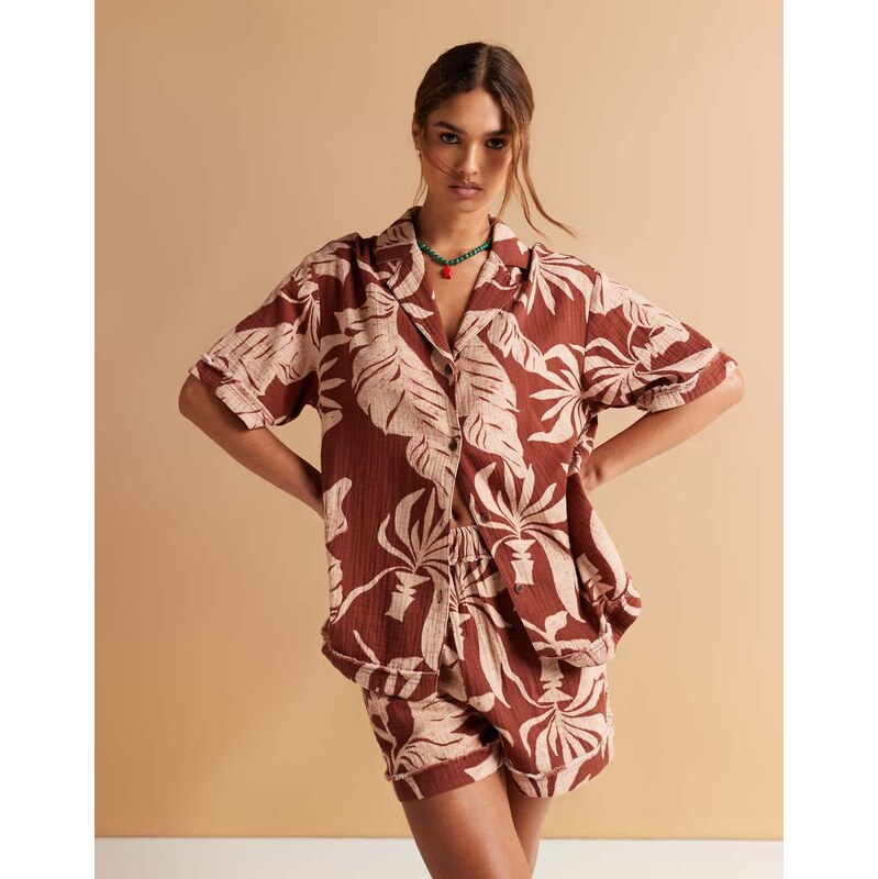ASOS DESIGN cheesecloth shirt co-ord in palm print-Multi 106711211