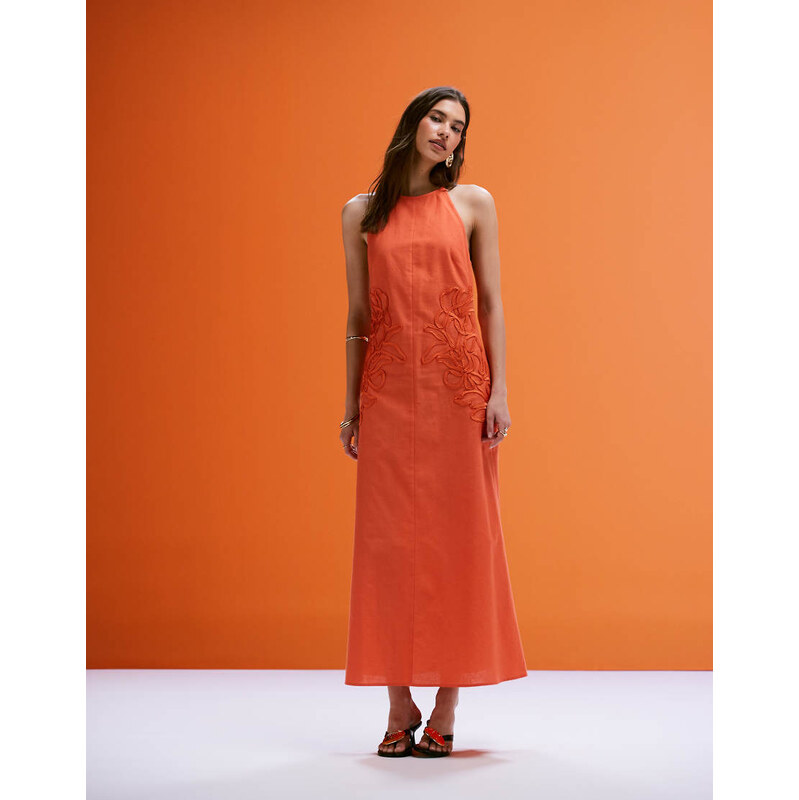 ASOS DESIGN low back halter midi dress with waist embroidery in
