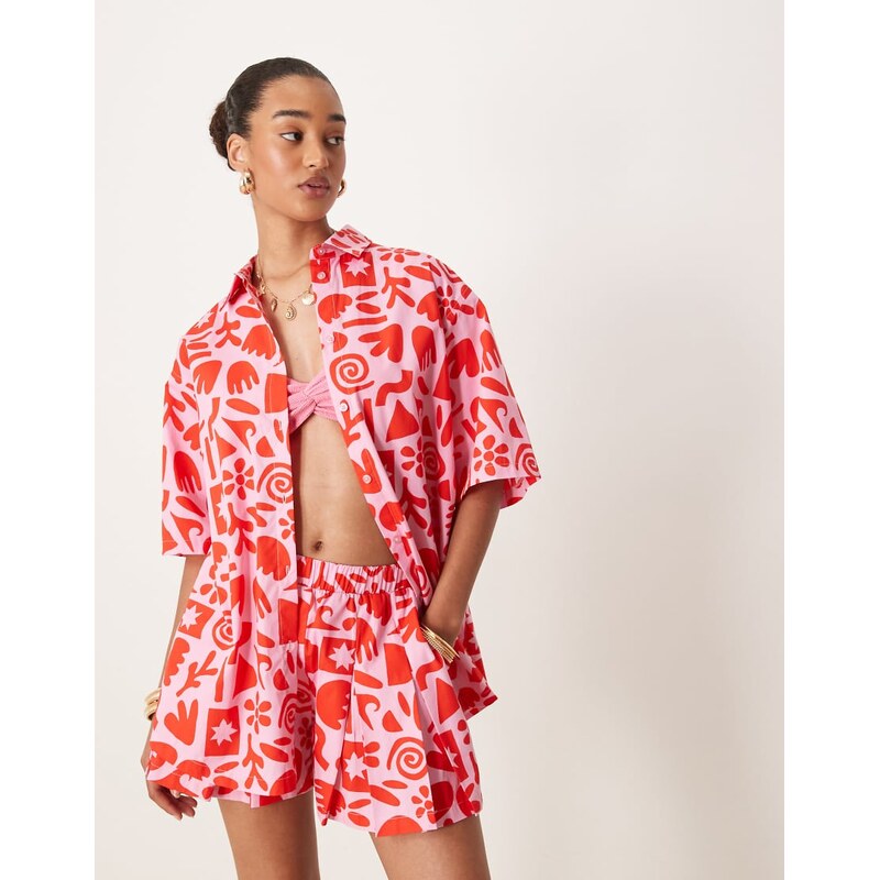 ASOS DESIGN oversized short sleeve shirt co-ord in arty print-Multi 113261266