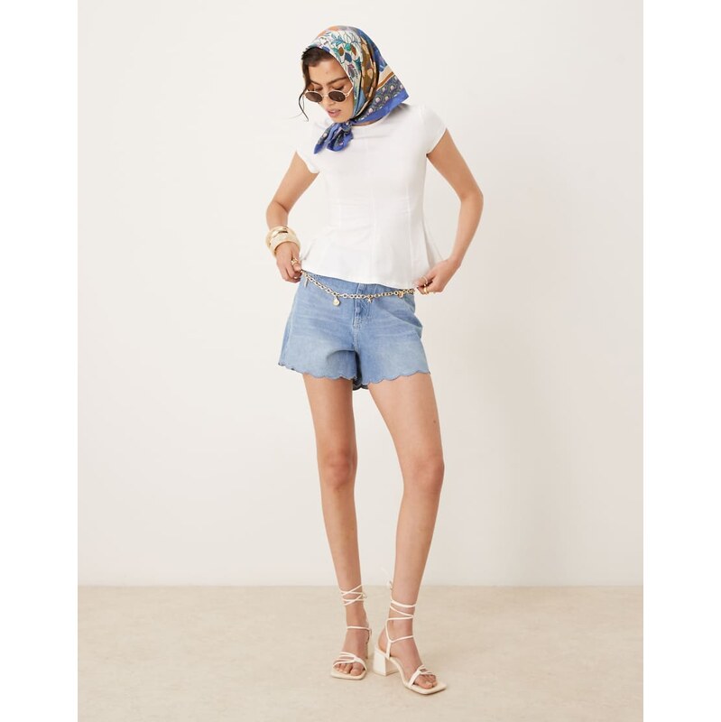 Nobodys Child denim shorts with scallop trim in light blue