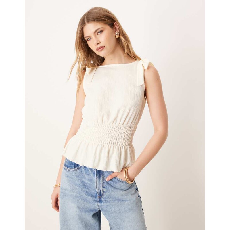 ASOS DESIGN shirred waist top with shoulder bow detail in cream