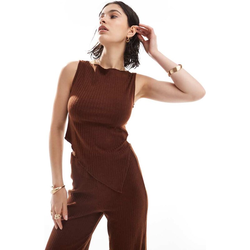 Vero Moda ribbed sleeveless asymmetic hem top co-ord in chocolate 106711291