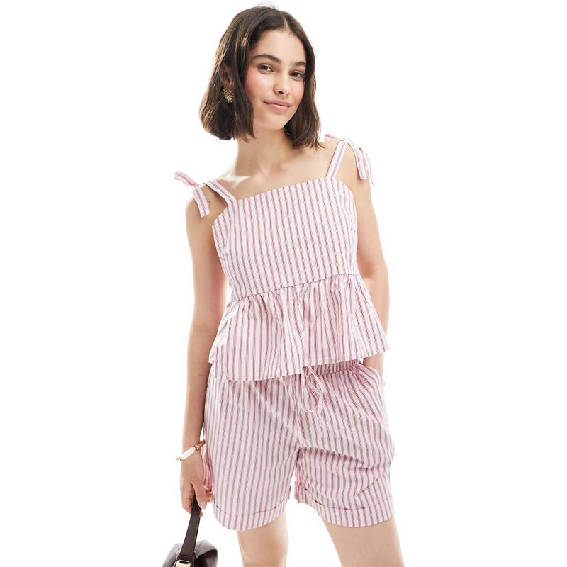 Pieces tie shoulder peplum hem cami top co-ord in pink and white 113262093