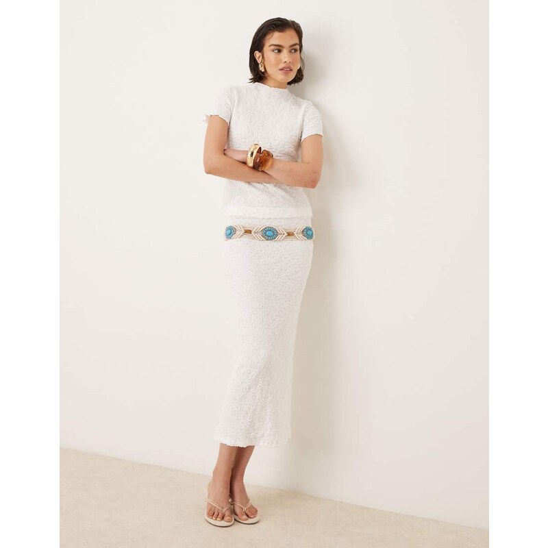 AWARE textured lettuce edge midi skirt co-ord in white