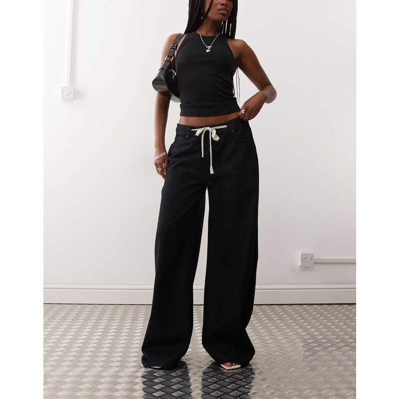 Lioness Muse low rise wide leg tie detail jean in rinse wash