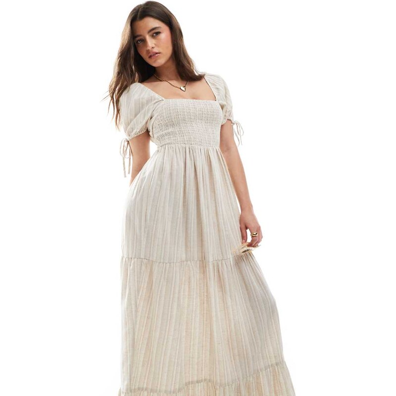 Wednesdays Girl tiered shirred detail smock midaxi dress in beige 115743791