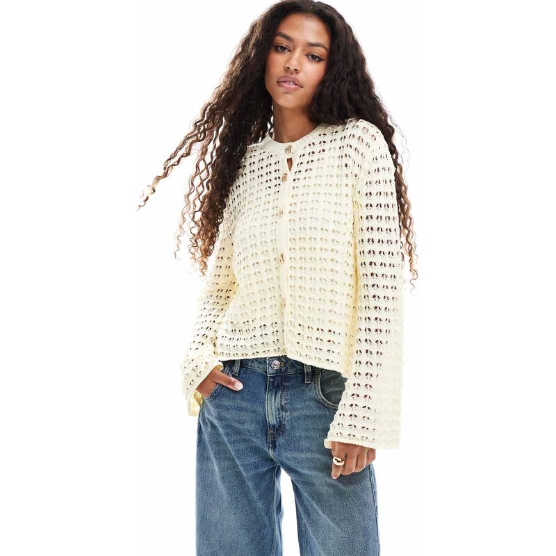 ASOS DESIGN knitted cardigan with shell look buttons in ecru-White 106737857