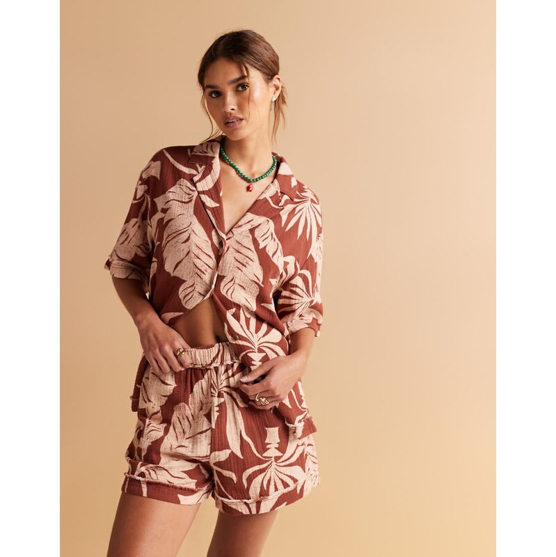ASOS DESIGN cheesecloth shorts with raw edge detail co-ord in palm print-Multi