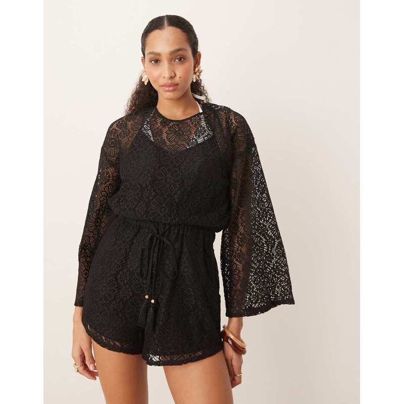 ASOS DESIGN crochet long sleeve mini playsuit with drawstring in black 106717462