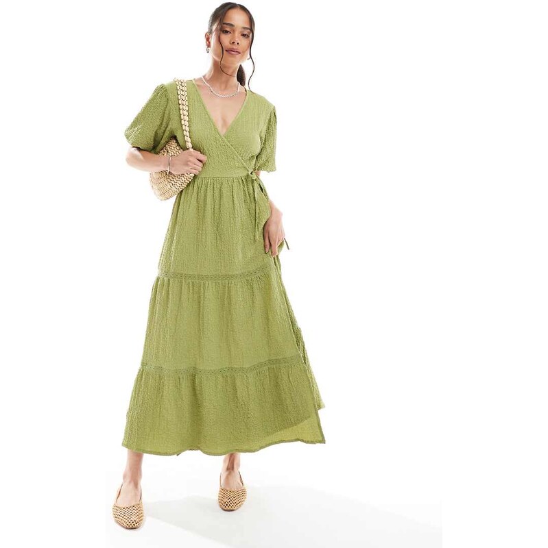 Wednesdays Girl textured wrap detail puff sleeve midi dress in