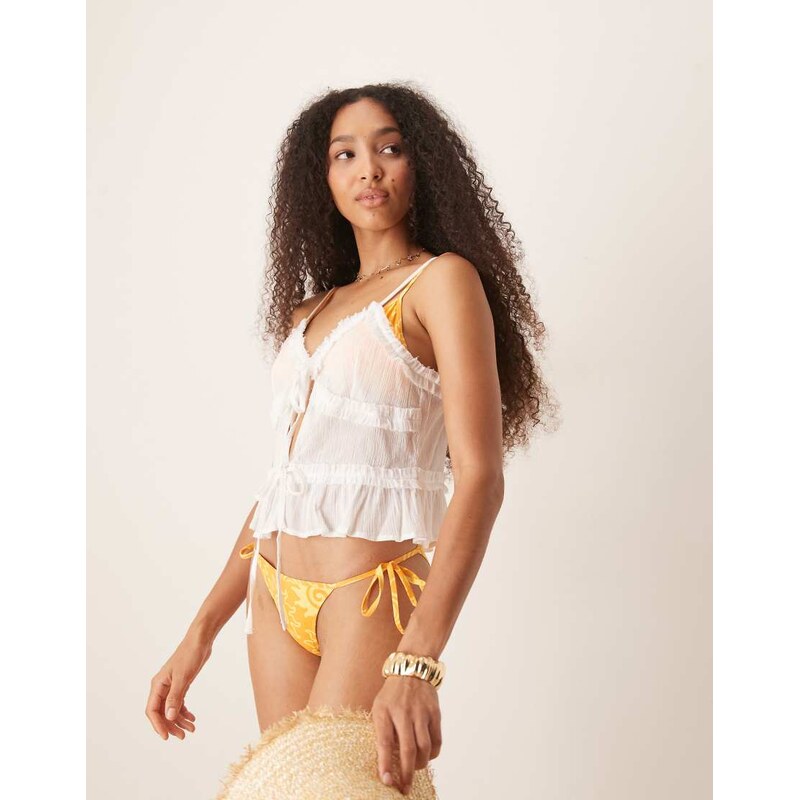 ASOS DESIGN crinkle ruffle detail tie front crop beach top in