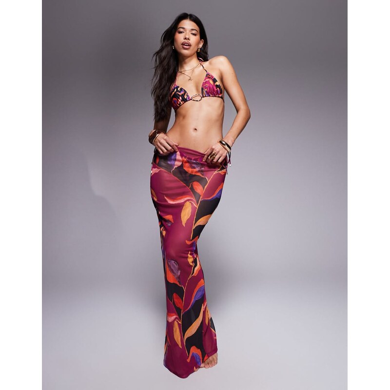 South Beach abstract print mesh maxi beach skirt in magenta-Pink 106731813