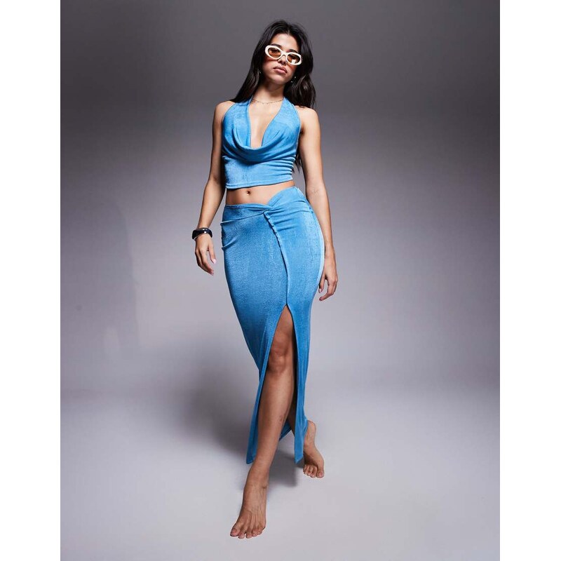 Missyempire slinky knot side split maxi skirt co-ord in blue 106809122