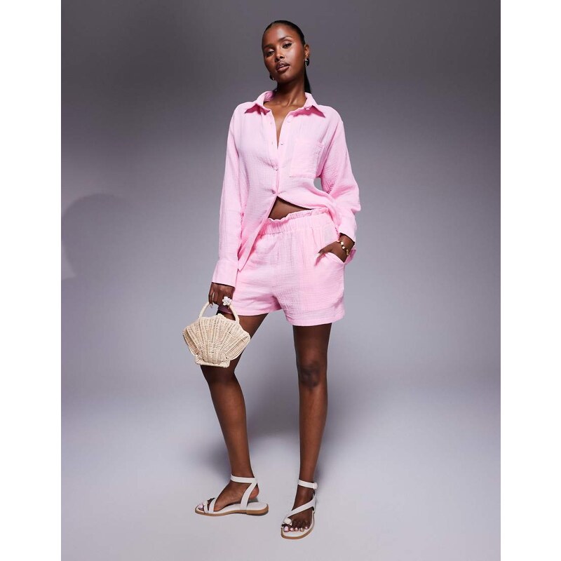 Missyempire cheesecloth elasticated waist shorts co-ord in pink 107044054