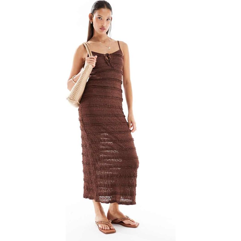 Miss Selfridge lace and ruffle detail midi dress in chocolate