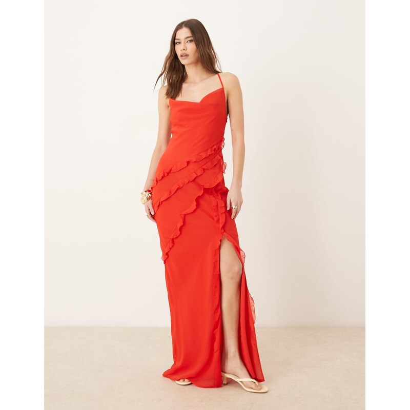 Pretty Lavish textured asymmetric ruffle maxi dress in bright red 115542623