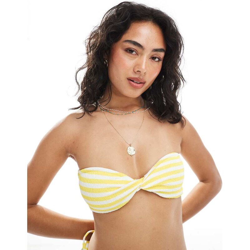 Miss Selfridge textured stripe twist bandeau bikini top in
