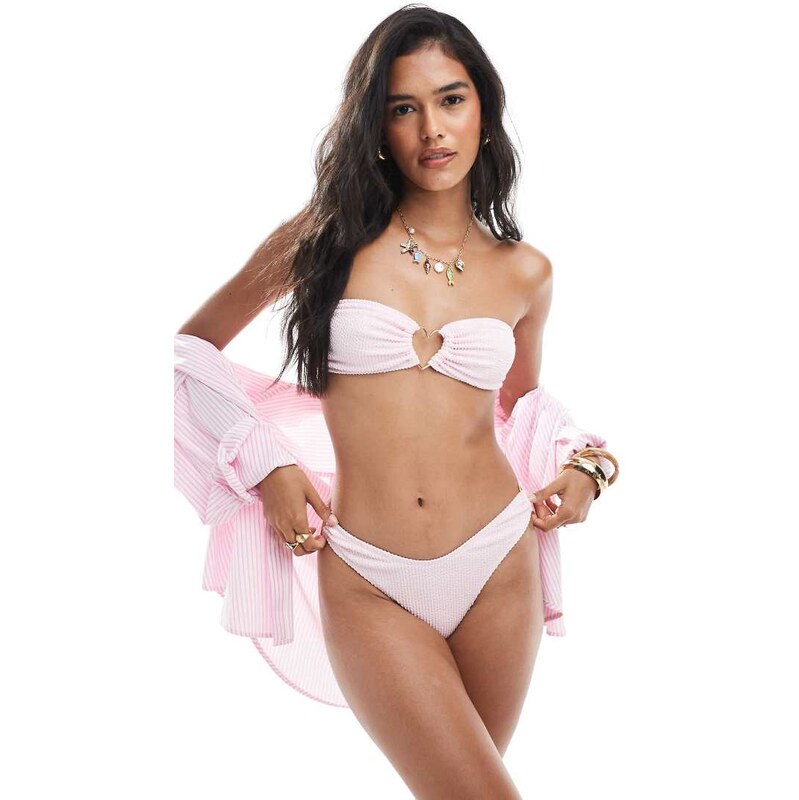 Miss Selfridge heart detail crinkle bikini bottom in pink 115510988