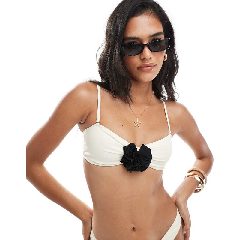 Miss Selfridge corsage bandeau bikini top in cream-White
