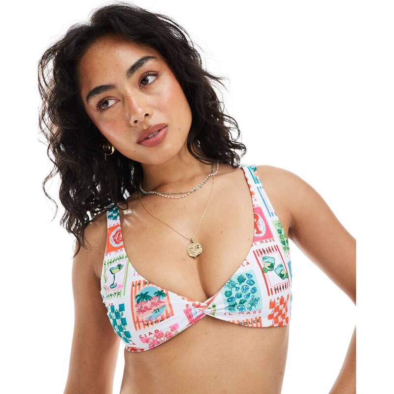 Miss Selfridge postcard print twist detail bikini top-Multi