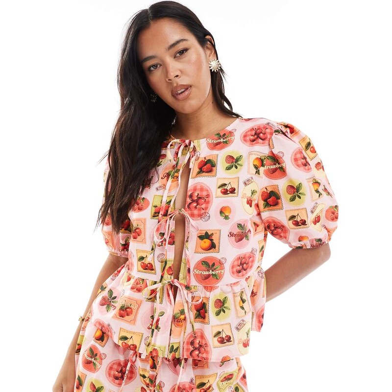 Miss Selfridge tie front peplum blouse co-ord in fruit print-Multi 106729139