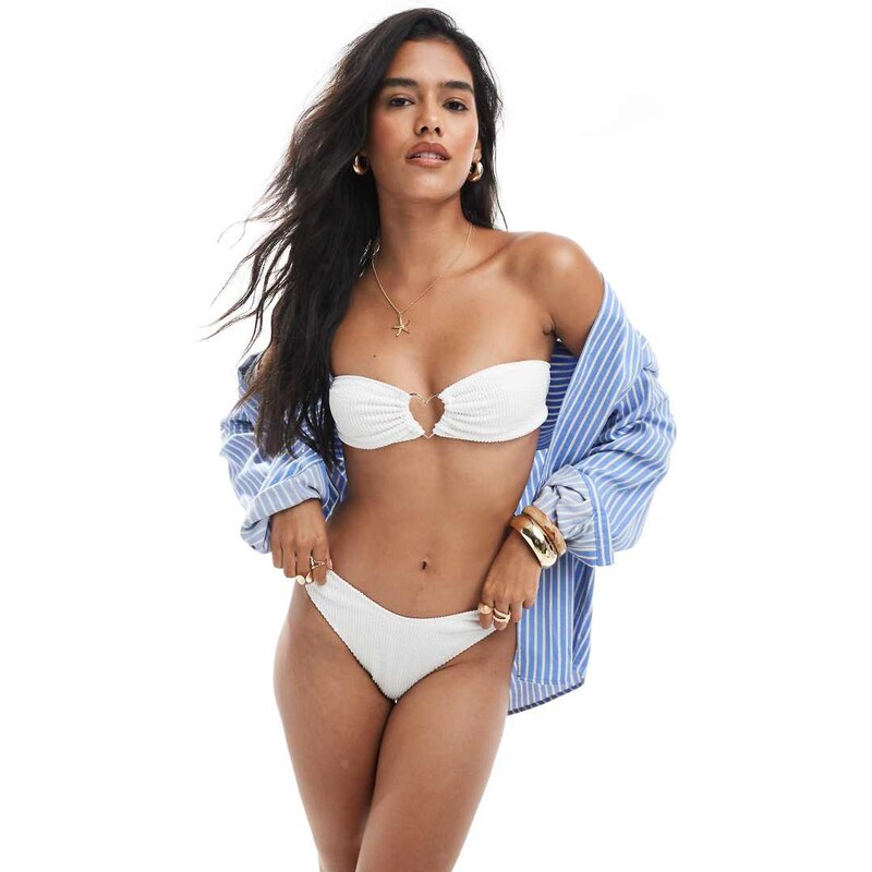 Miss Selfridge heart detail crinkle bandeau bikini top in cream-White 115511102