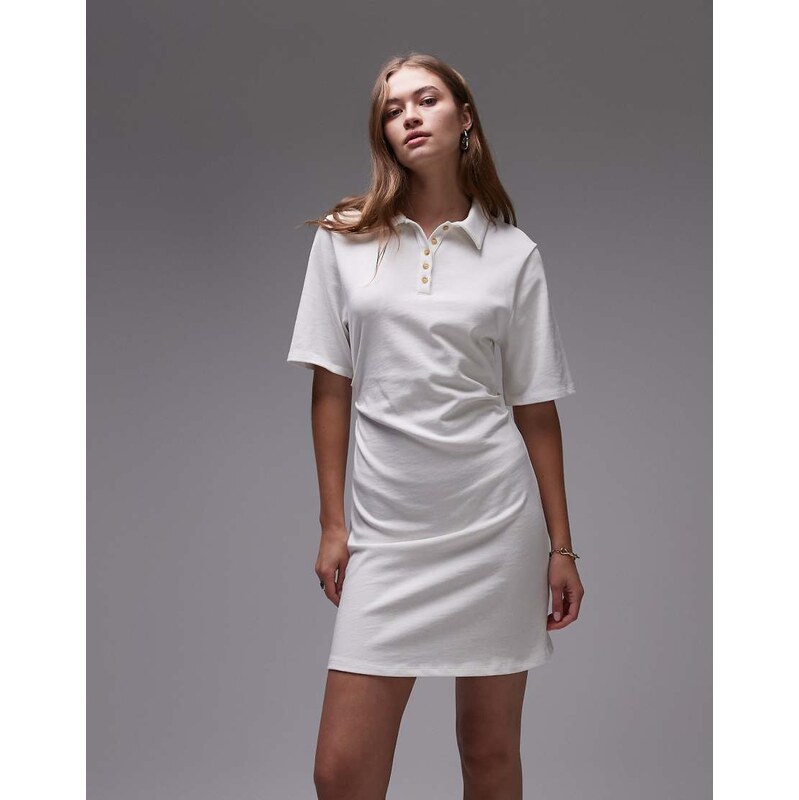 Topshop cinch waist mini polo dress in ivory-White