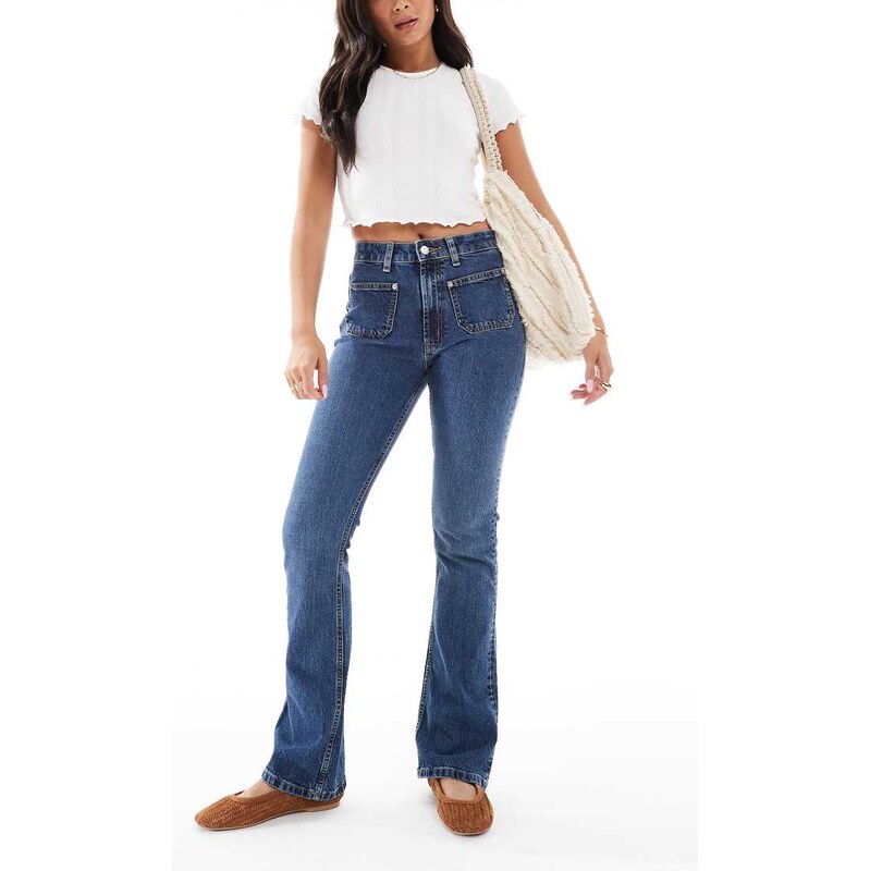 ASOS DESIGN front pocket flare jeans in dark mid wash-Blue