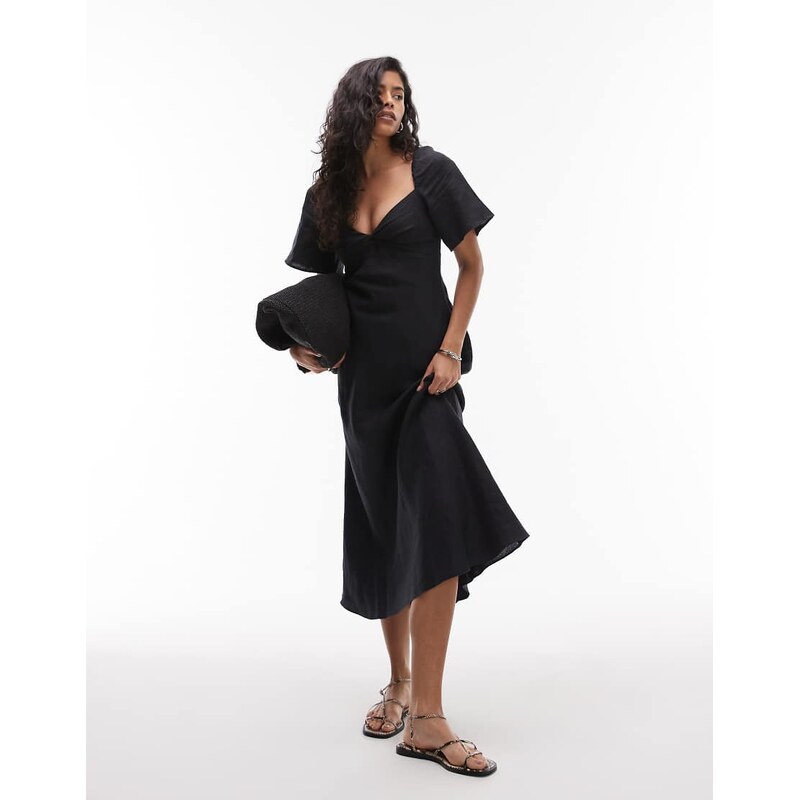 & Other Stories linen puff sleeve midaxi dress with twist