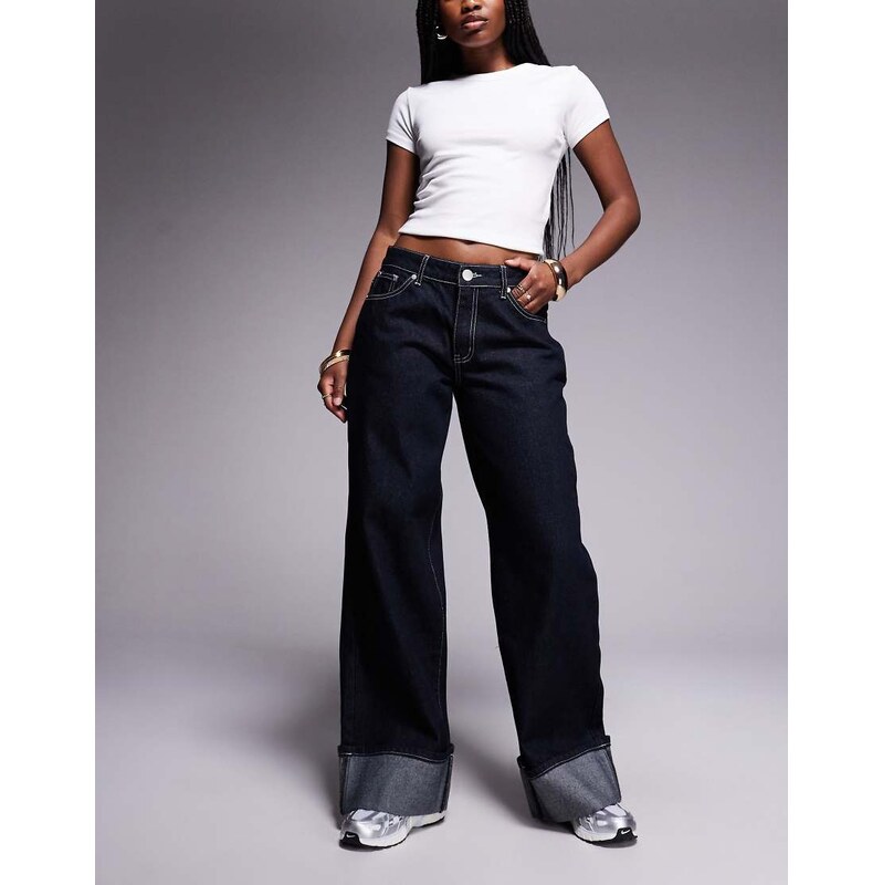 Liquor N Poker cinch midrise turn up baggy denim jean with contrast 106729077