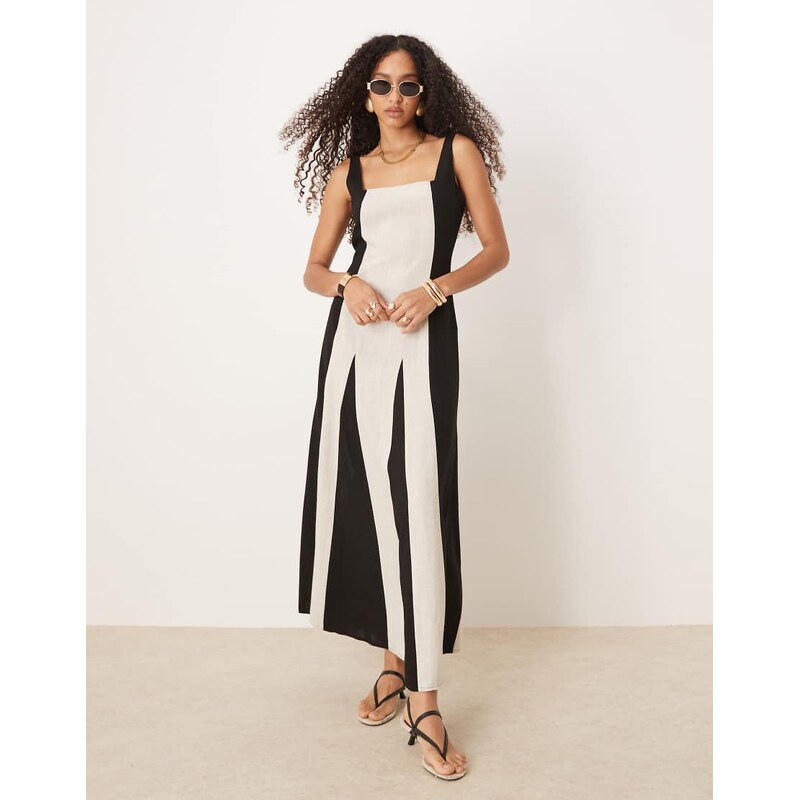 Pretty Lavish square neck contrast linen maxi dress in cream and