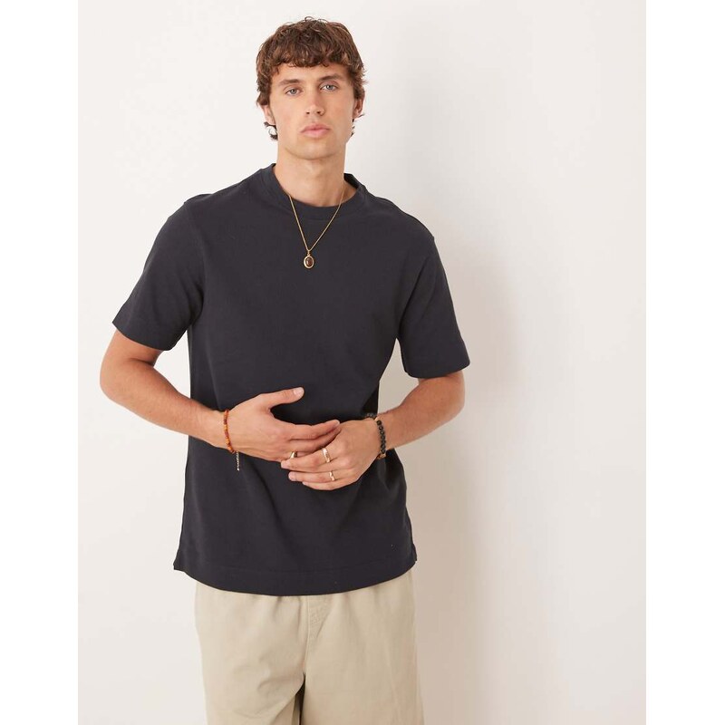 Mango cotton herringbone t-shirt in navy