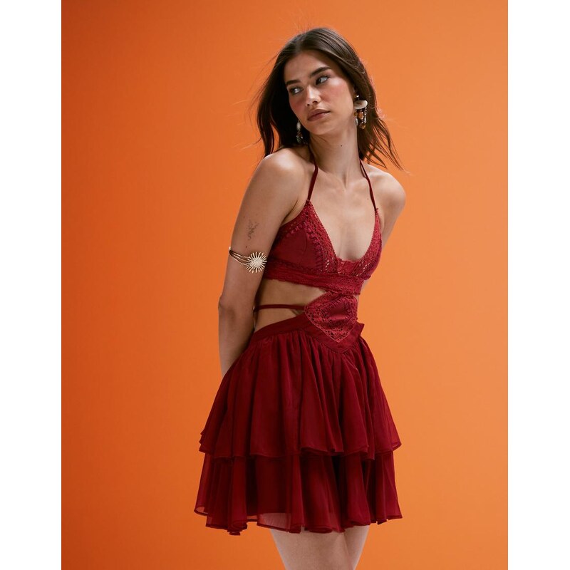 ASOS DESIGN crochet and faux suede bust cut out mini dress with tiered skirt in deep pink
