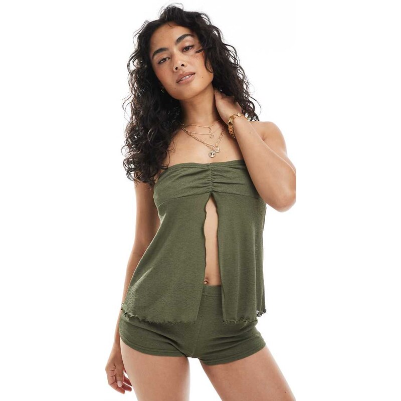 Miss Selfridge sheer longline split front cami co ord in khaki-Brown 115273135