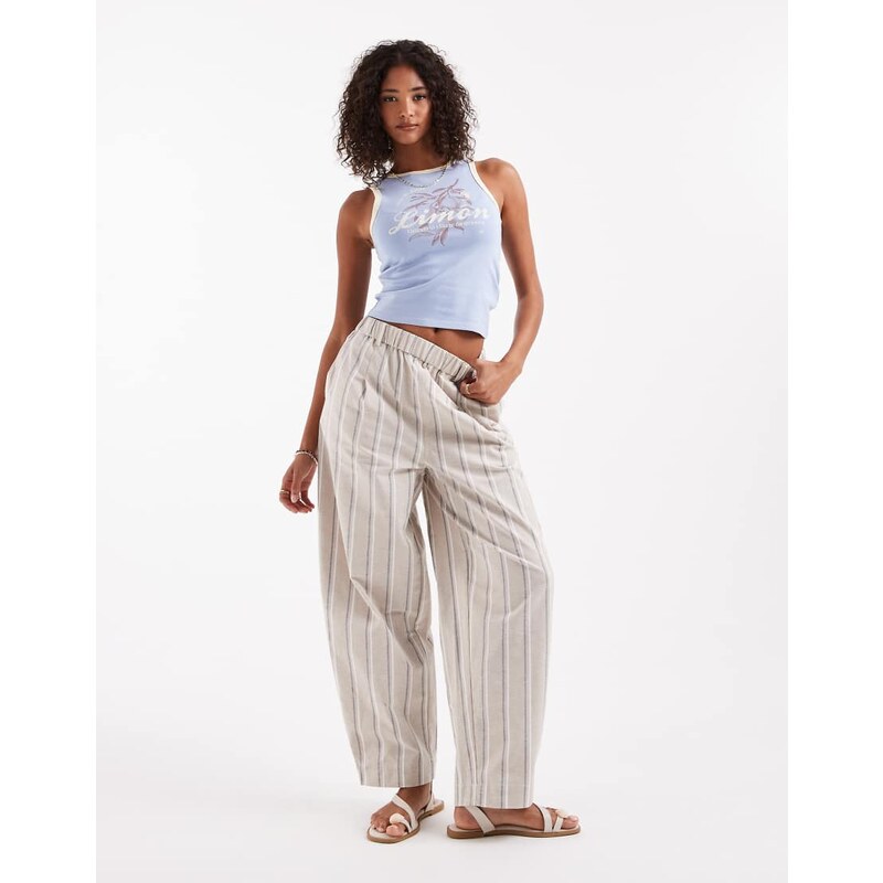 ASOS DESIGN linen look barrel trousers in neutral stripe-Multi 113691261