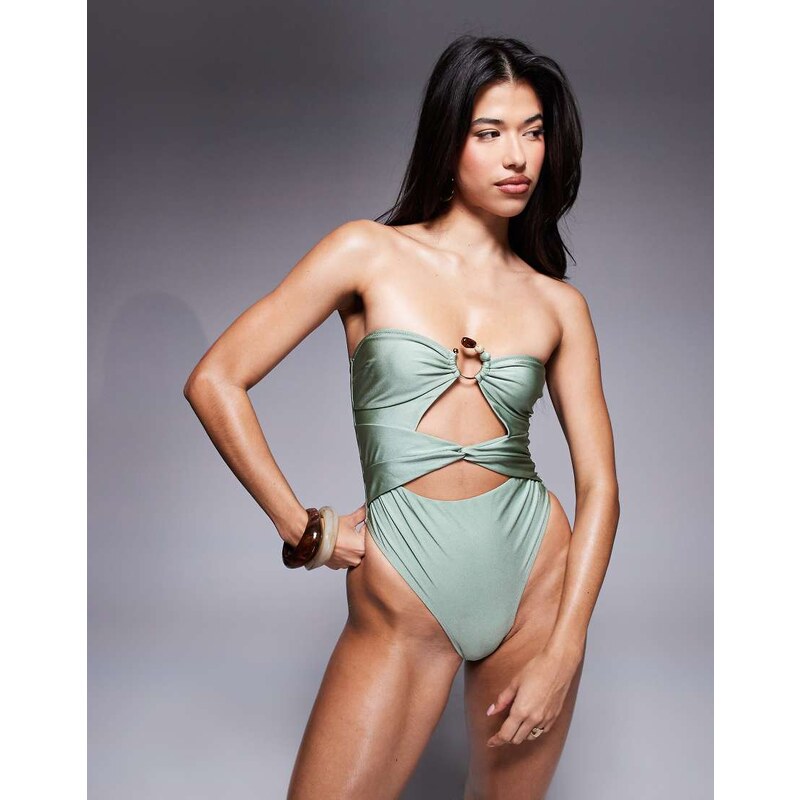 ASOS DESIGN Holly bandeau swimsuit with beaded detail in seafoam green 106731751