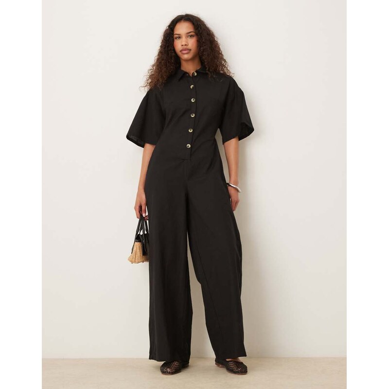 ASOS DESIGN button down collared wide leg jumpsuit in black 106731824