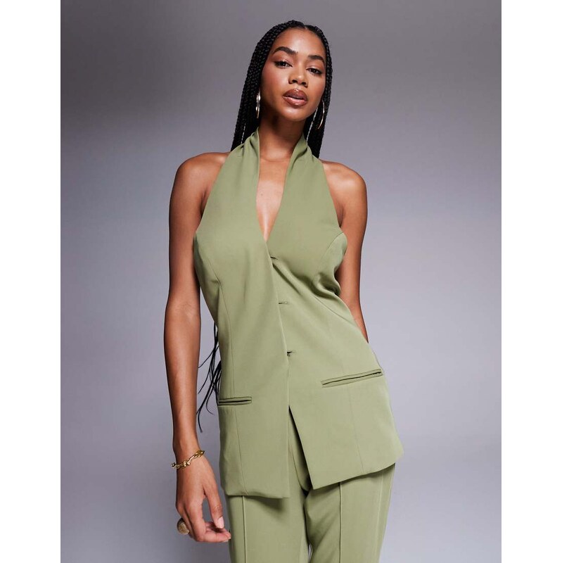 ASOS DESIGN tailored halterneck waistcoat co-ord in olive-Green 106731830