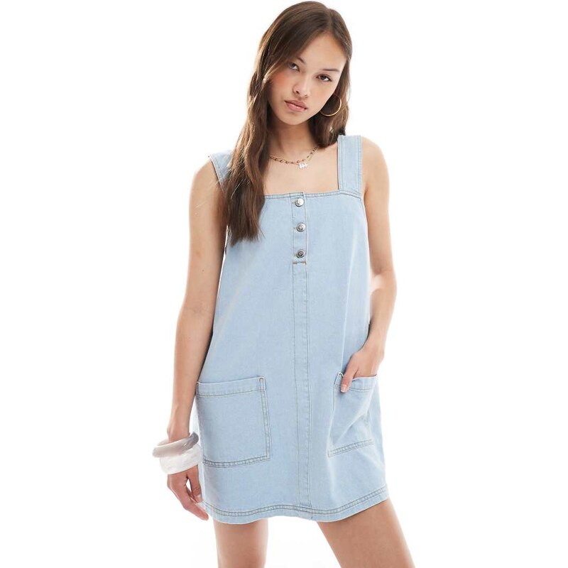 Miss Selfridge button up denim baby doll dress in bleach wash-No 106731956