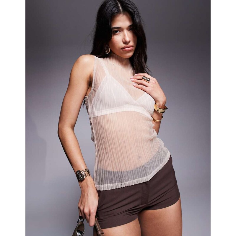 ASOS DESIGN sleeveless high neck sheer plisse top in beige-Neutral