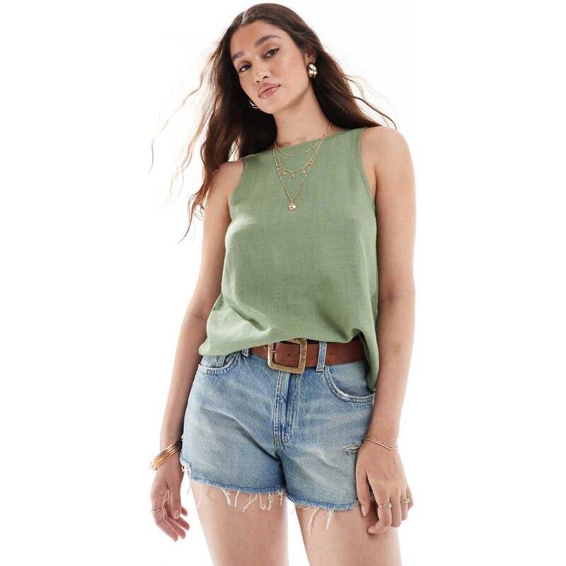 ASOS DESIGN vest with scoop back in linen blend in khaki-Green