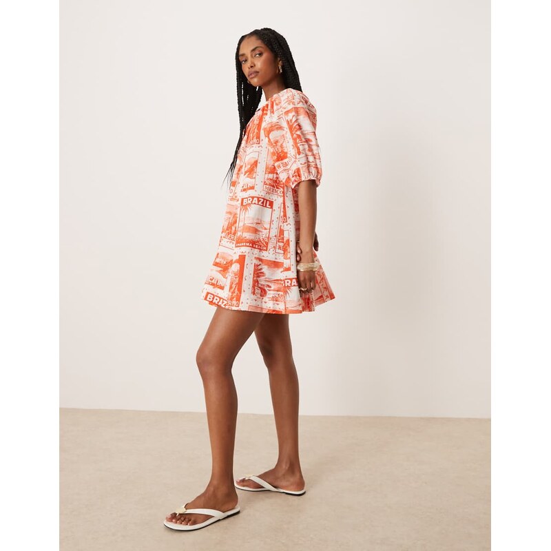 ASOS DESIGN puff sleeve cotton poplin mini dress in red postcard