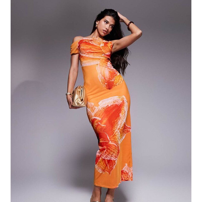Kaiia exclusive double layered slinky drape off shoulder maxi dress in 106732005