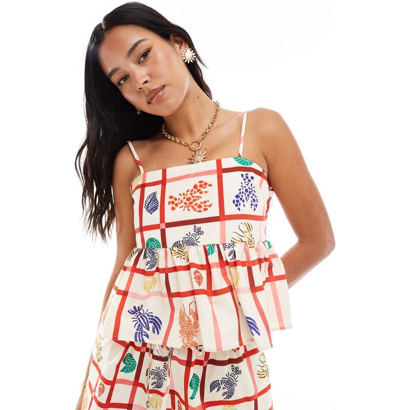 Miss Selfridge linen baby doll cami top co-ord in lobster print-Multi 107370732